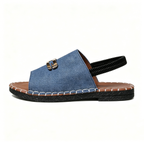Women's Denim Flat Sandals, Elastic Back Strap with Gold Buckle, Casual Summer Slip-On Sandals