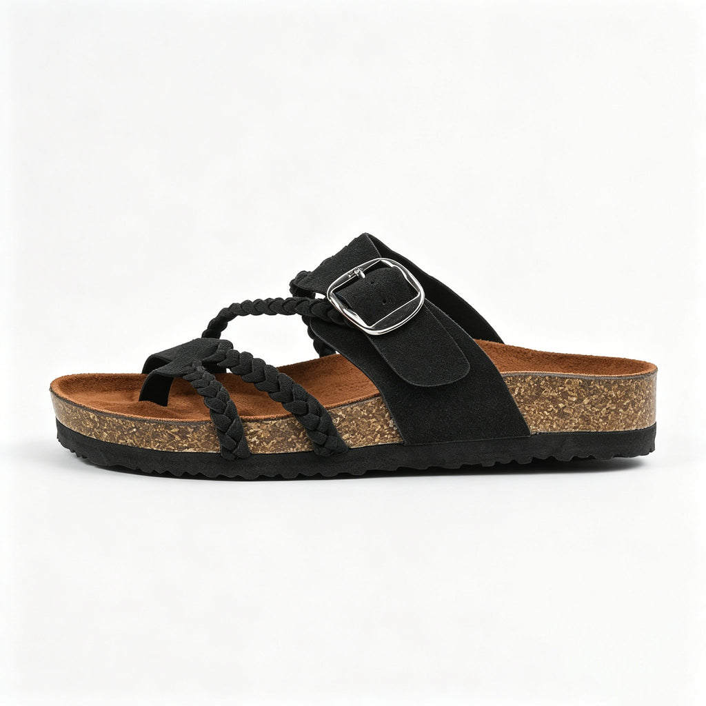 Women's Braided Leather Cork Footbed Sandals, Adjustable Buckle, Arch Support Orthopedic Slides