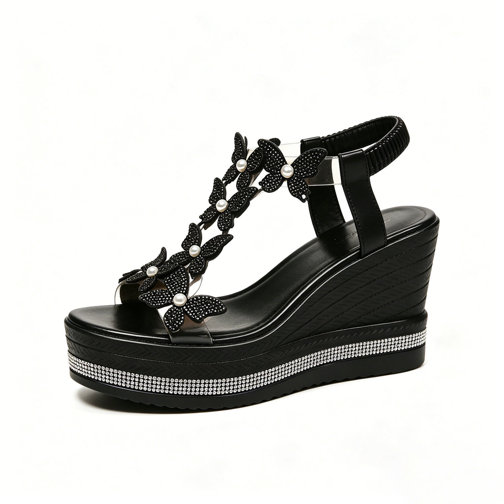 Women's Rhinestone Butterfly Wedge Sandals with Arch Support