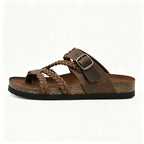 Women's Braided Leather Cork Footbed Sandals, Adjustable Buckle, Arch Support Orthopedic Slides